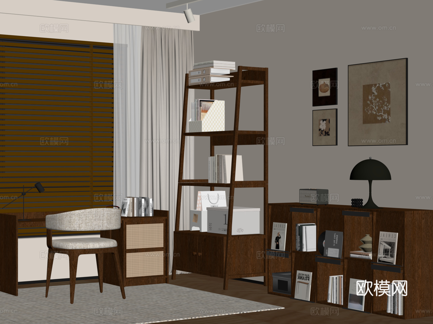 现代中古风书房 书柜 书桌椅su模型