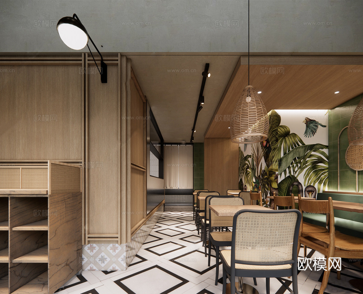 原木风风格餐厅 餐桌椅组合 快餐店 面馆小吃店su模型