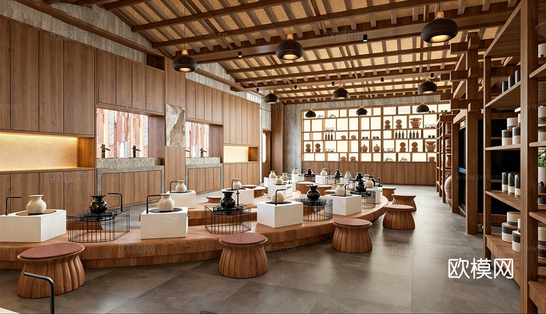 原木风陶瓷展厅 陶瓷教室 瓷器博物馆 文化艺术展厅su模型