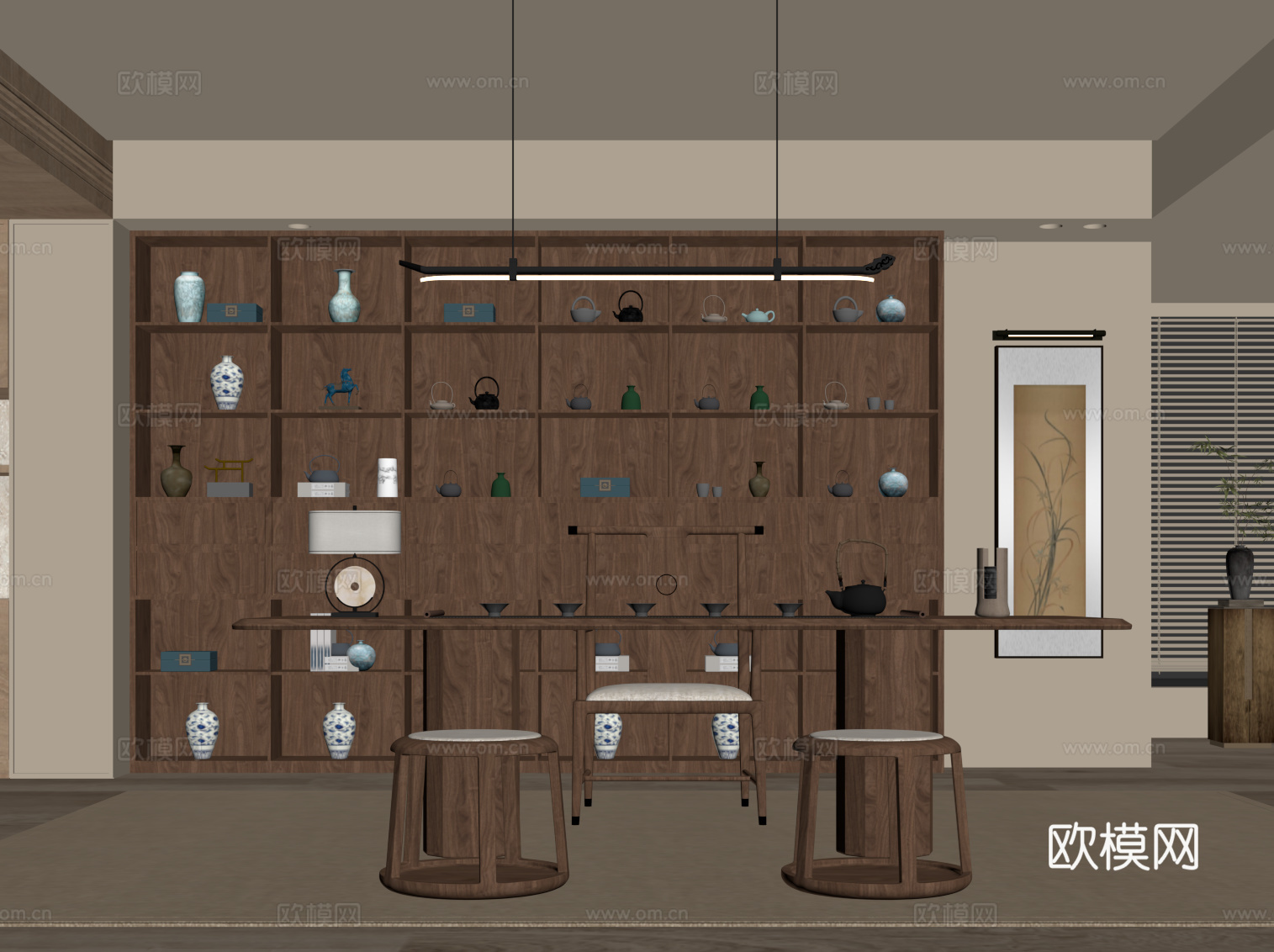 新中式茶室 实木茶桌椅 茶柜su模型
