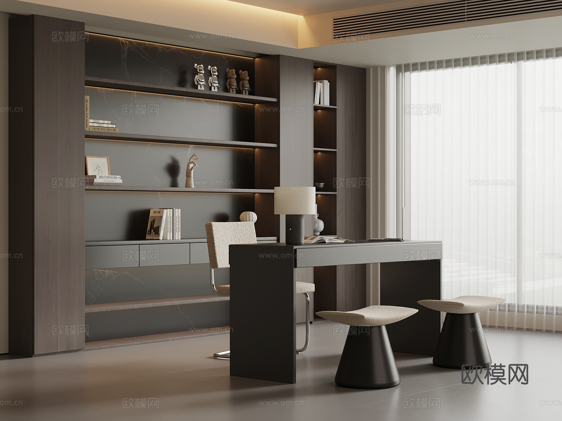 现代意式书房 书桌椅 置物柜 书柜su模型