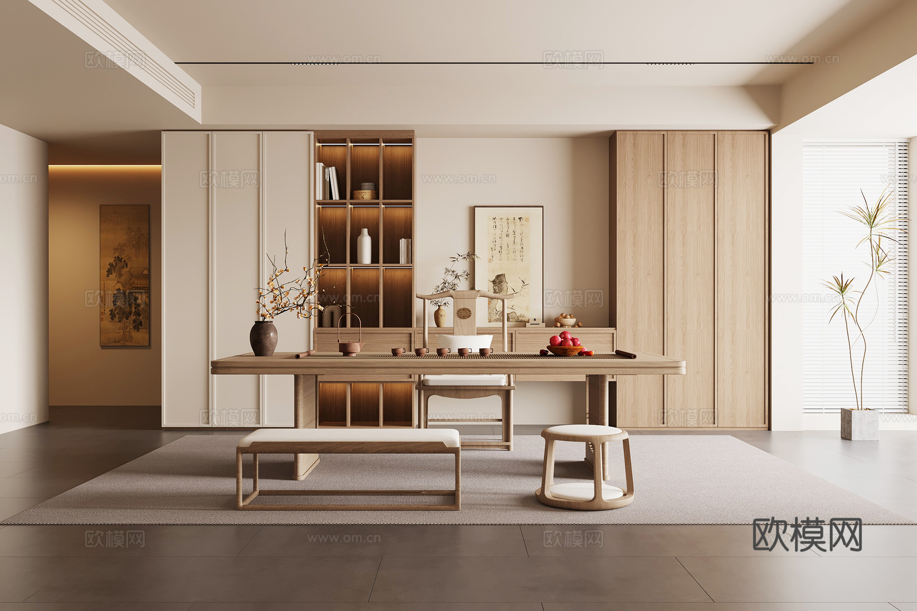 新中式茶室 茶桌椅 茶柜su模型