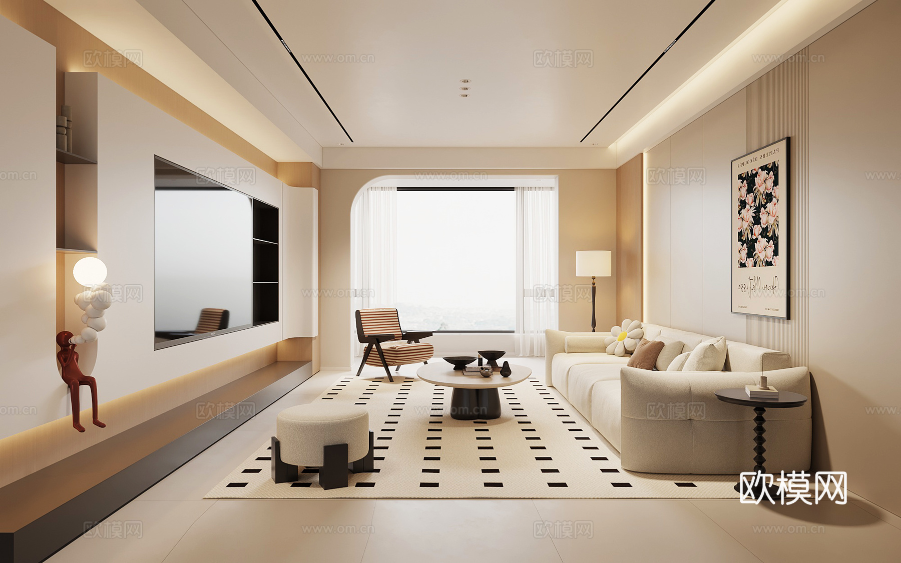 现代奶油风客厅su模型
