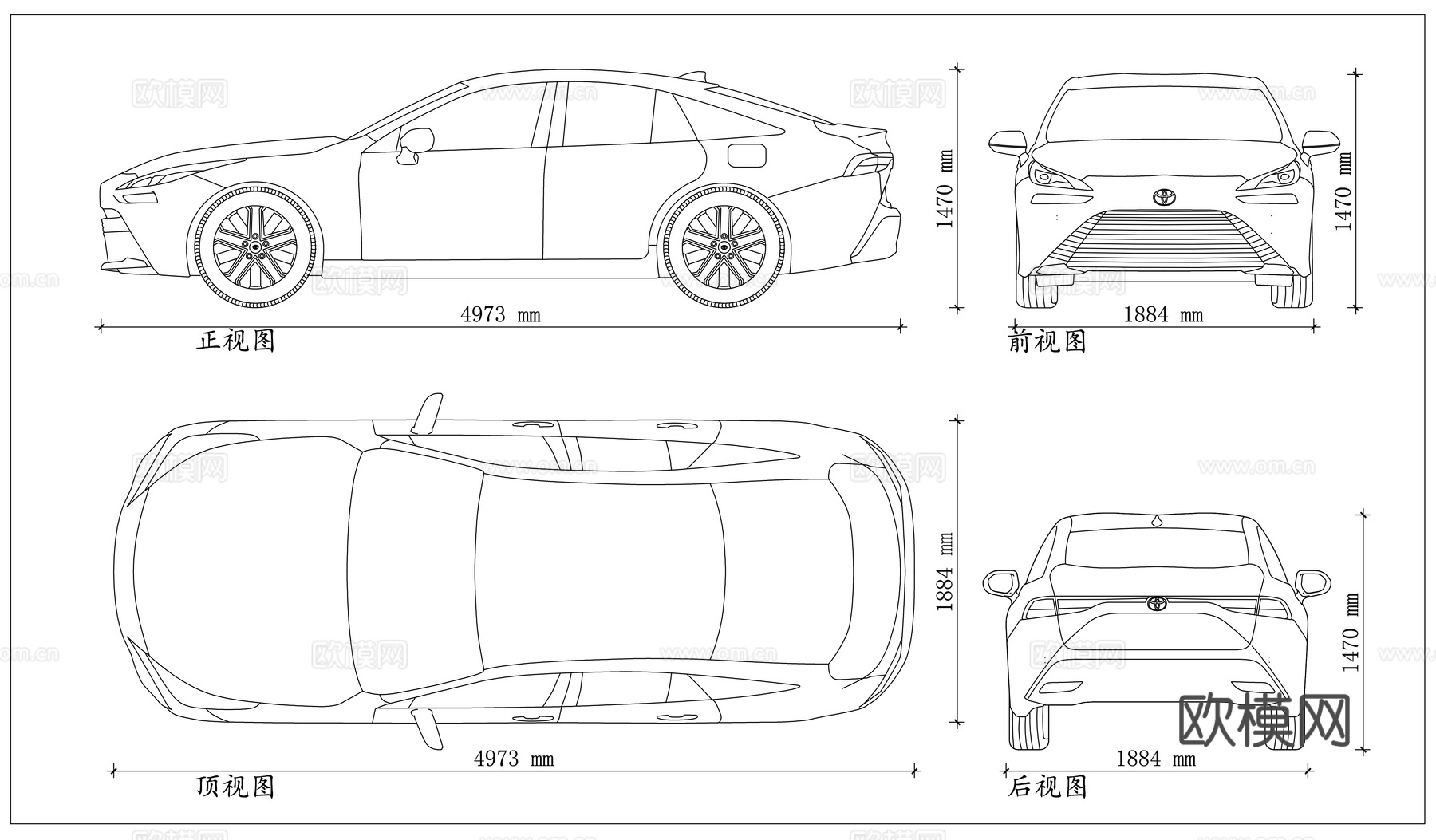 丰田Mirai 氢电旗舰 丰田氢车 氢燃料电池车 零排放氢车cad施工图