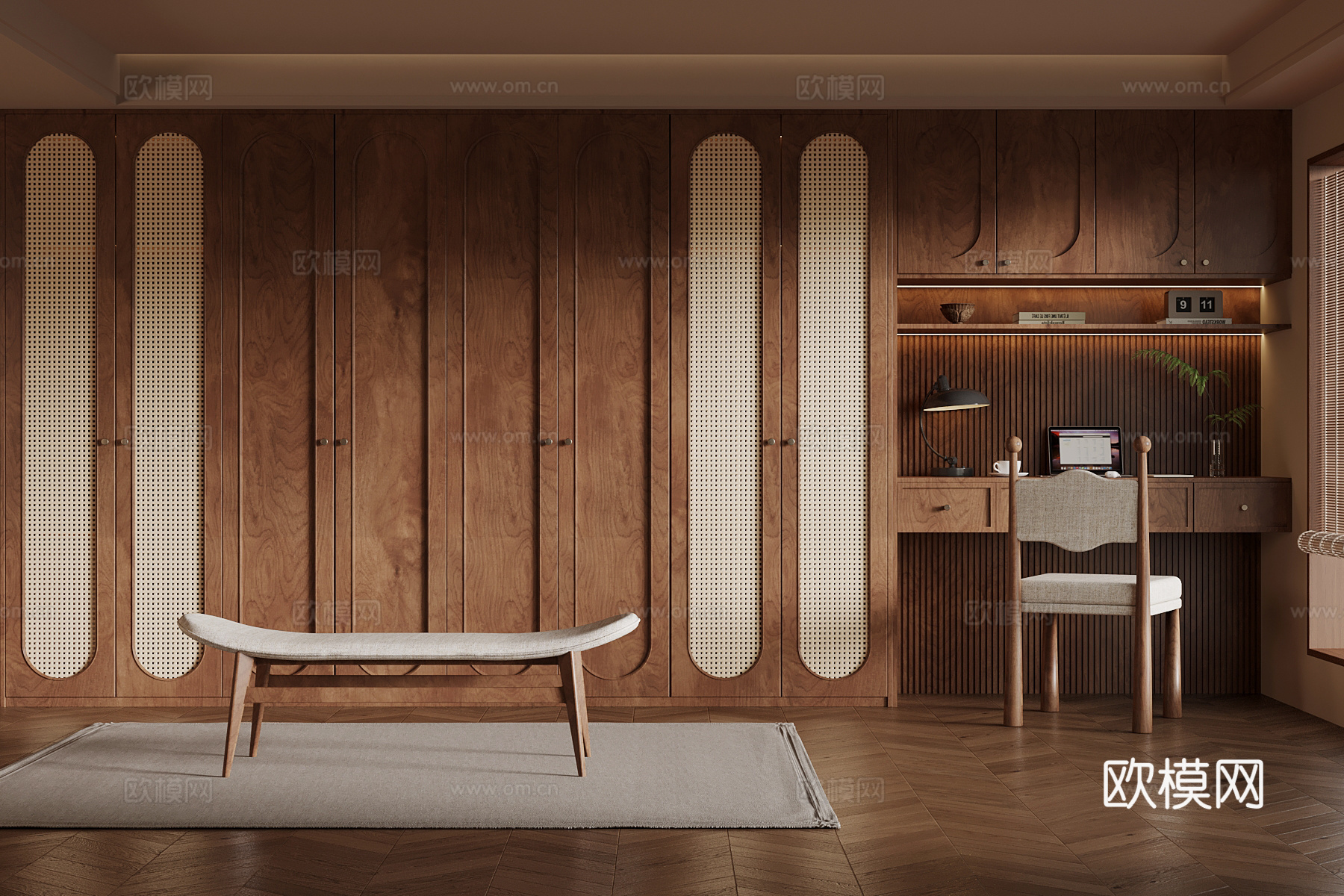 中古风衣帽间 一体衣柜 换鞋凳su模型