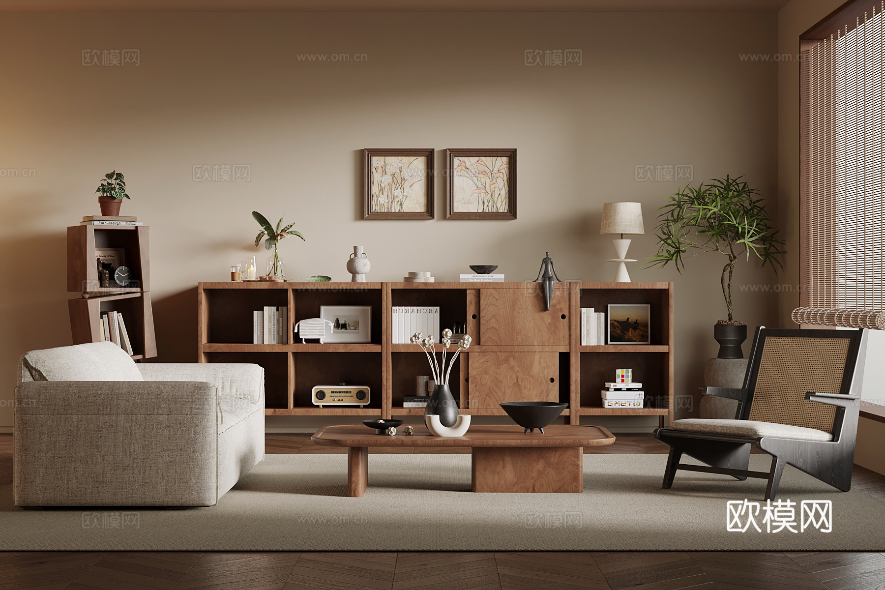 现代中古风客厅 沙发茶几组合 矮柜 书柜su模型