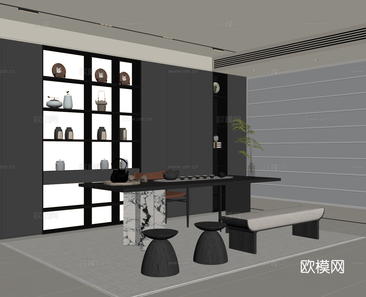 现代意式茶室 茶桌椅 茶柜su模型