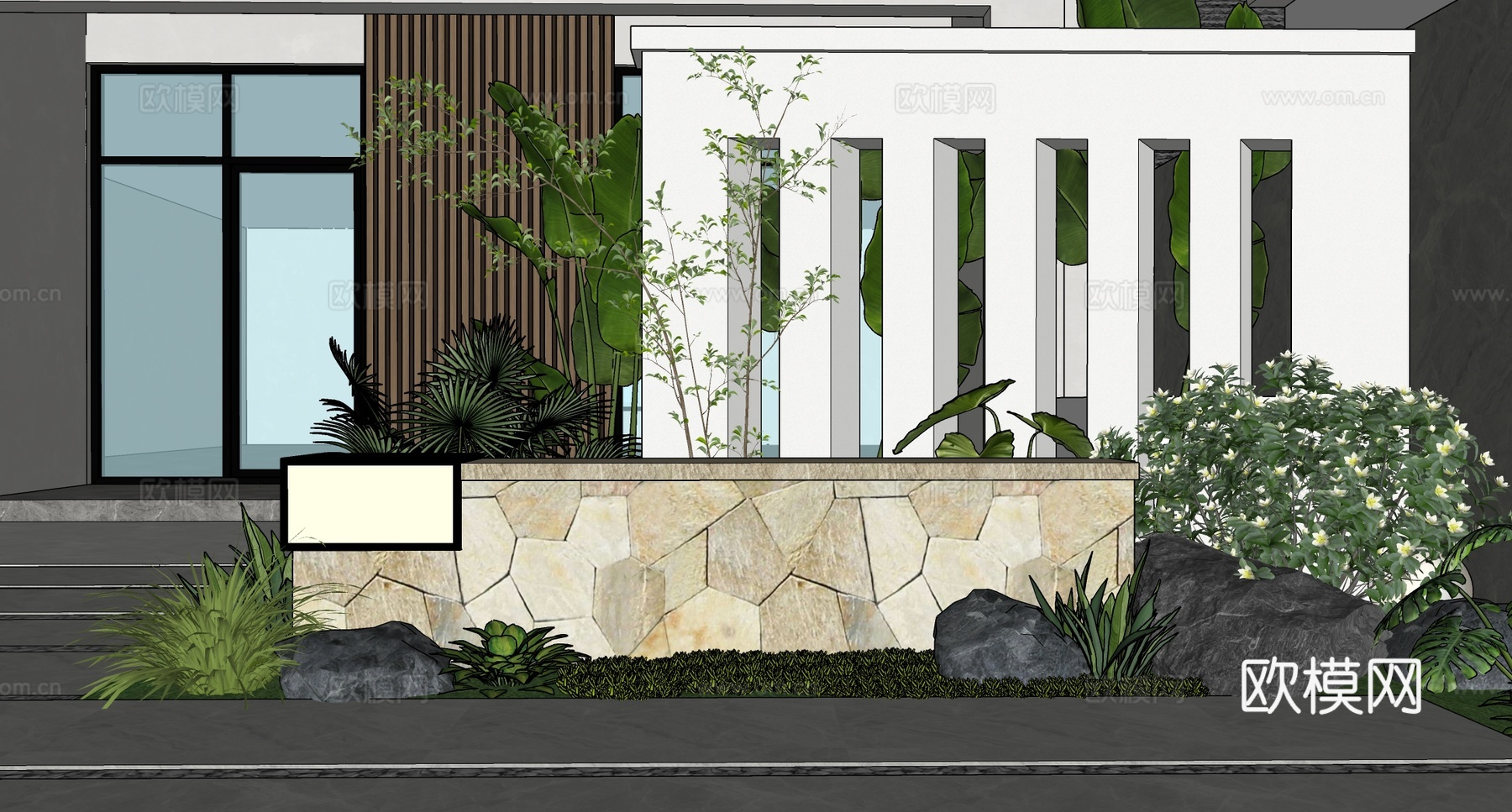 现代景墙 庭院景墙 照壁影壁 入户景墙 庭院组合su模型