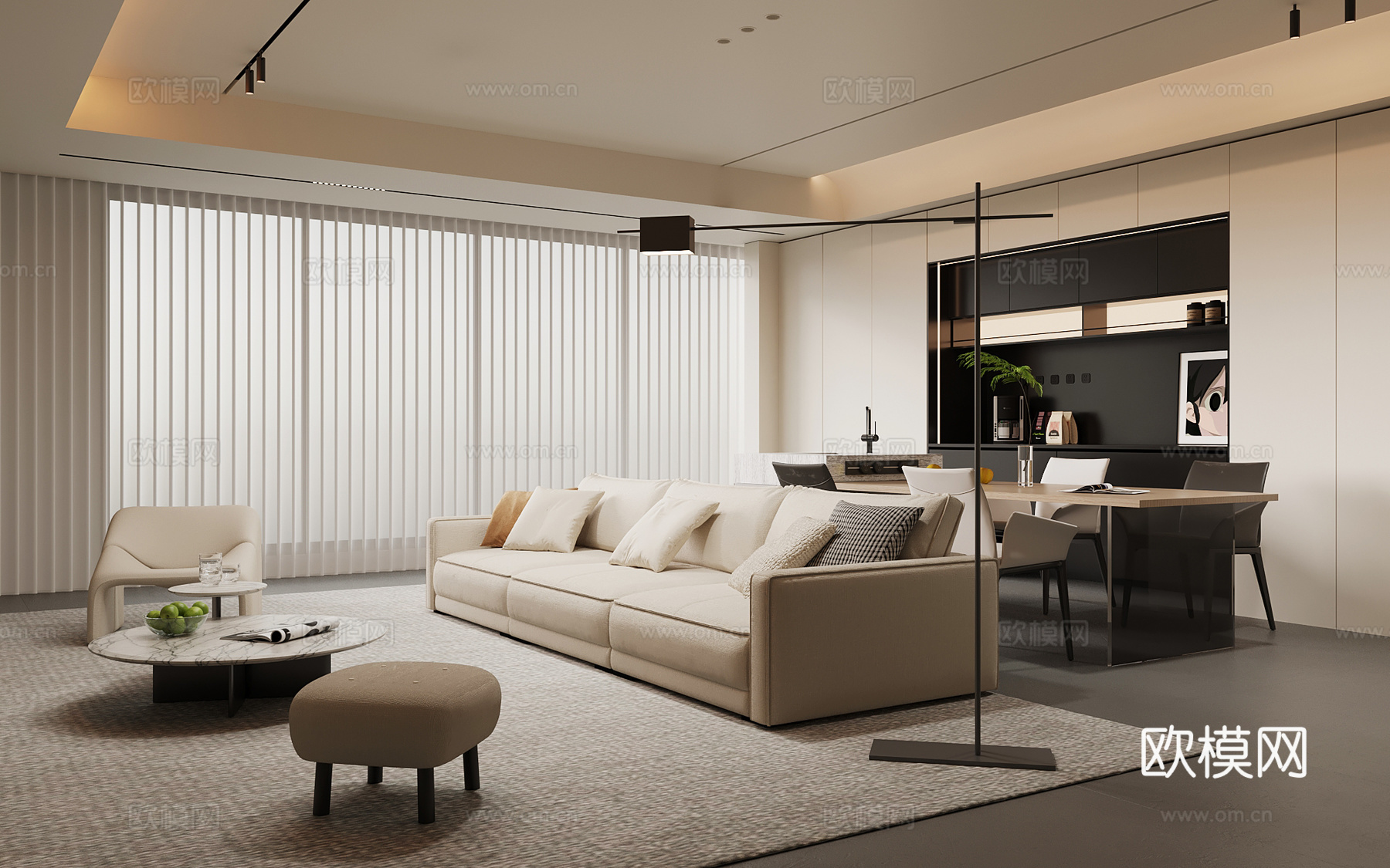 现代意式客厅 沙发茶几组合 酒柜 岛台su模型