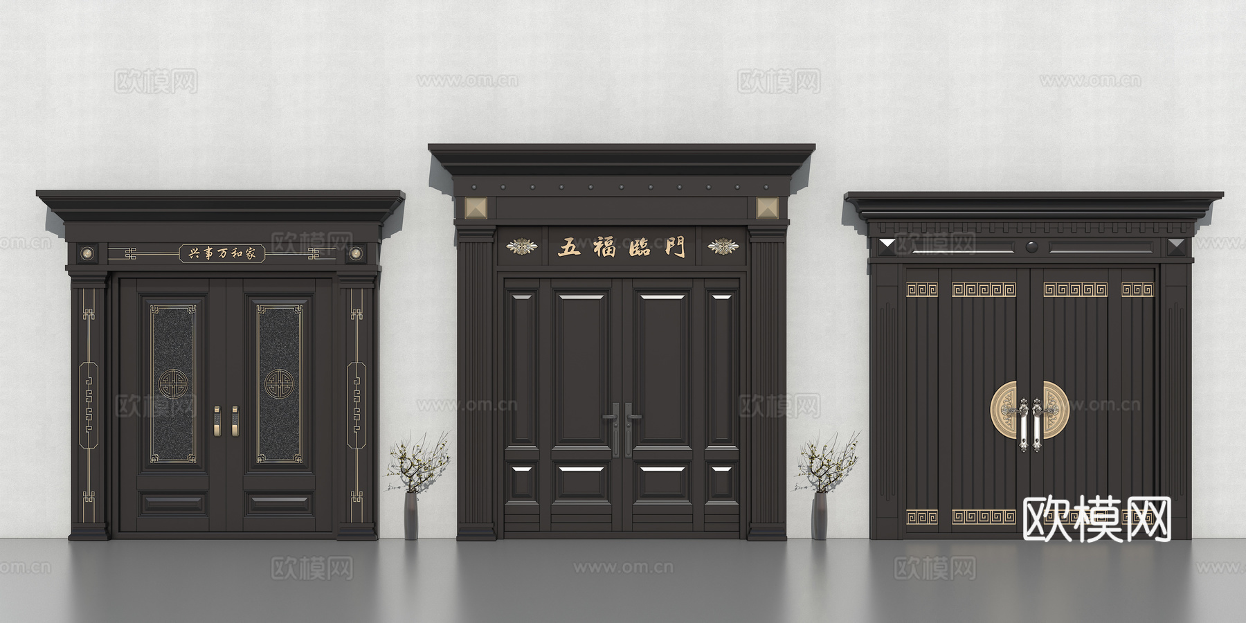 双开门  新中式大门su模型