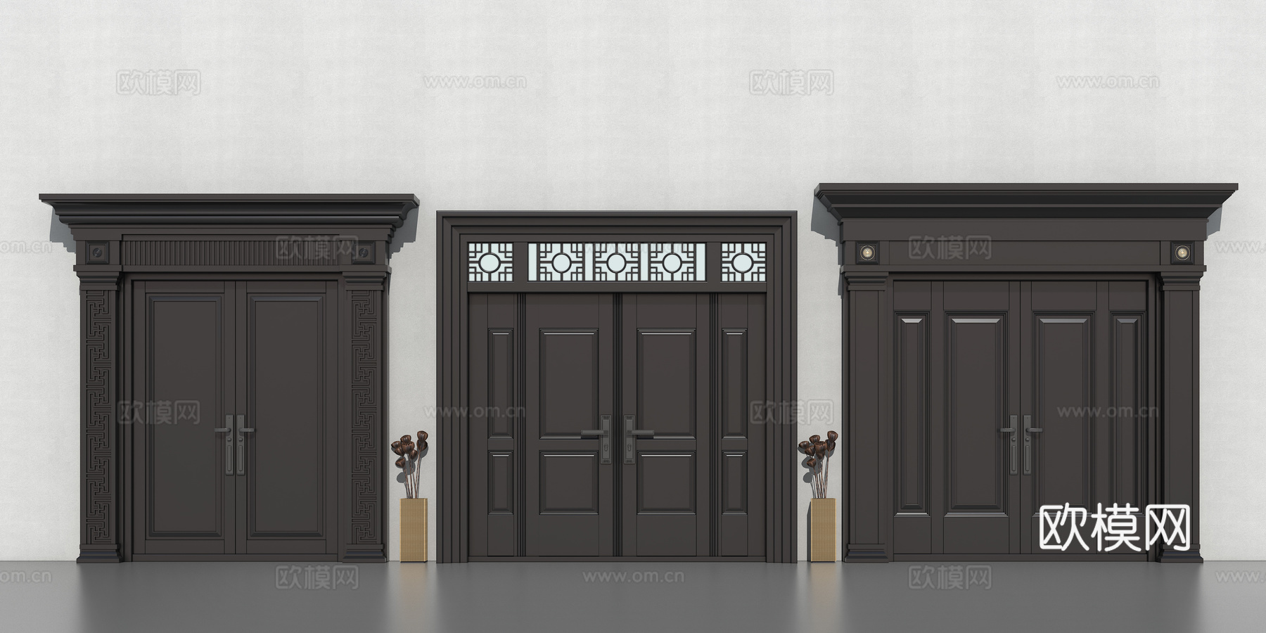 双开门  新中式大门su模型