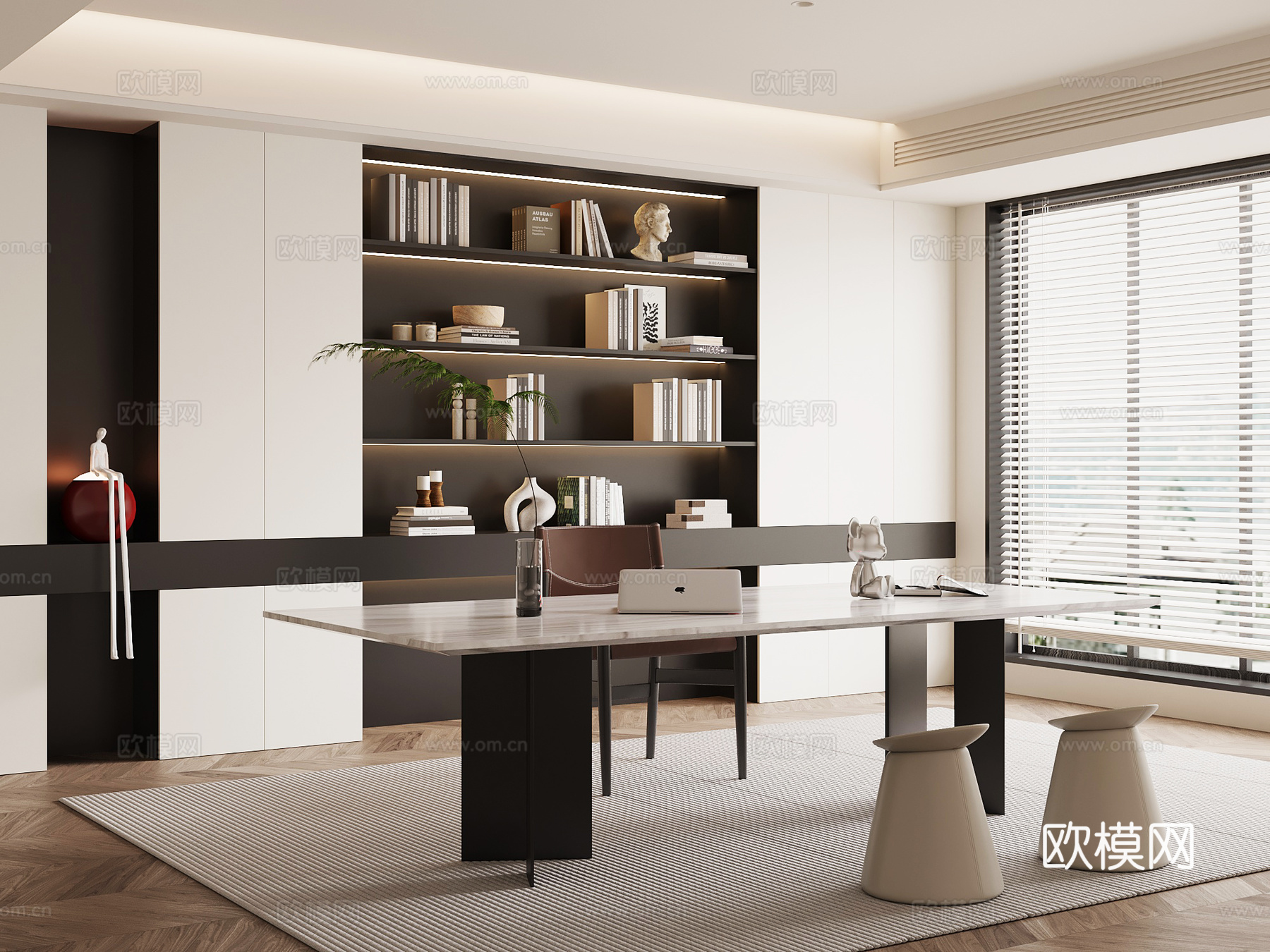 现代书房 书桌椅 书柜su模型