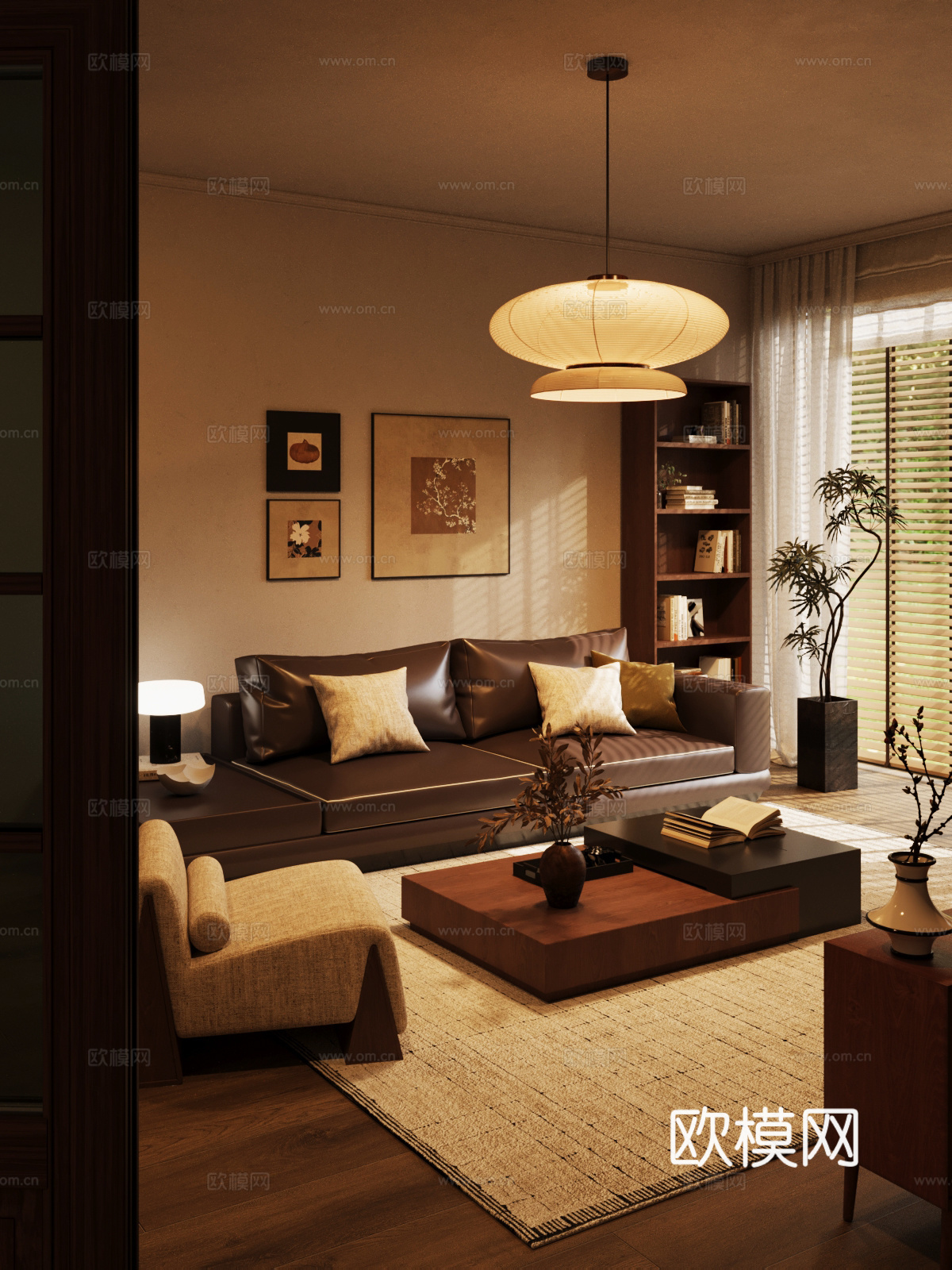 中古风家居客厅 沙发茶几组合 边柜 书柜su模型