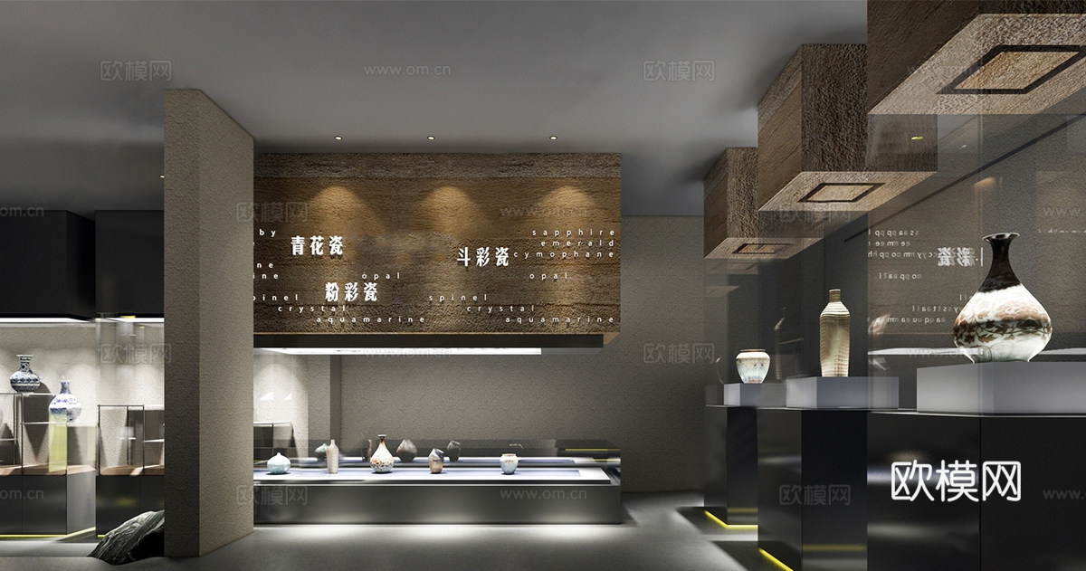 新中式陶瓷博物馆 陶瓷展厅 瓷器展柜su模型