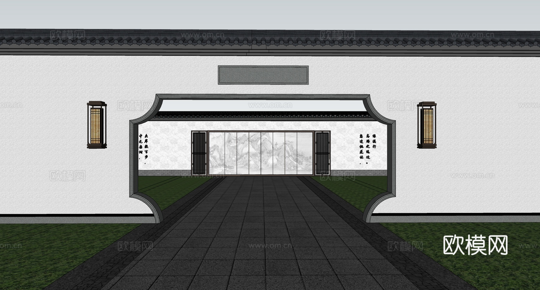 新中式月洞门景墙 庭院景观su模型