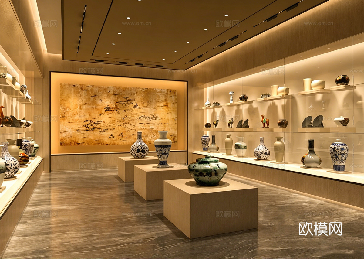 新中式瓷器博物馆 博物馆陈列展厅陶瓷收藏展览馆 考古教学su模型