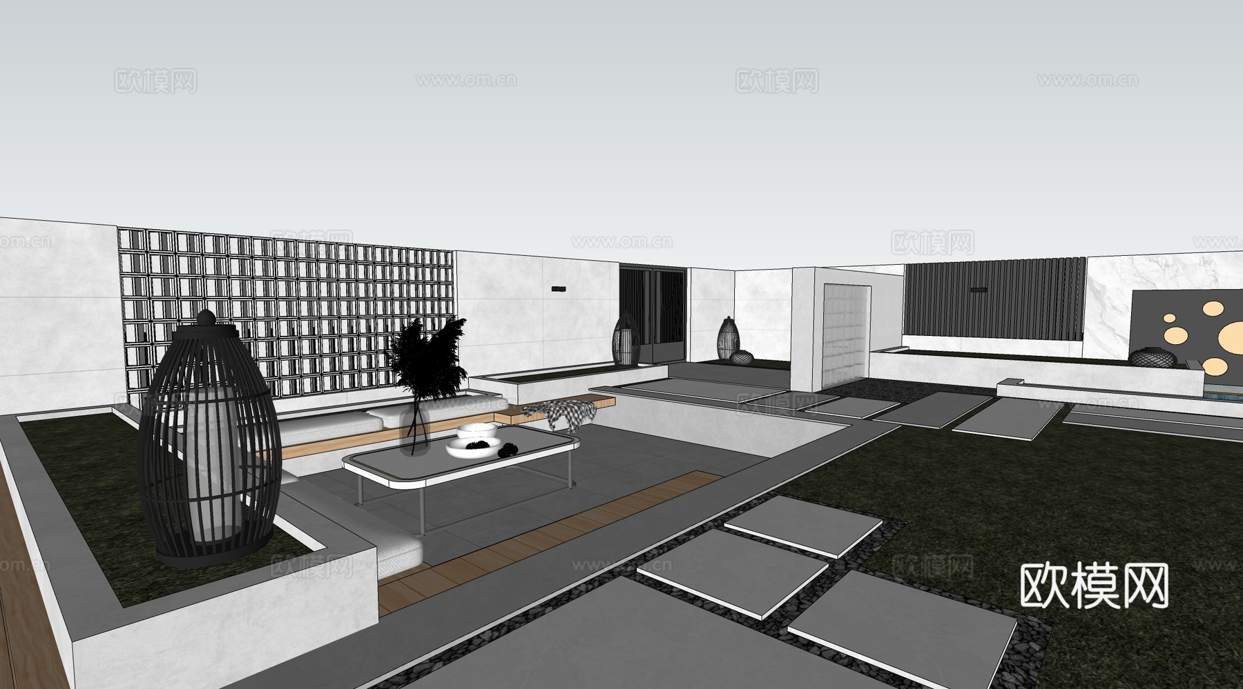 园林庭院景观 景观园林小品 新中式日式禅意 植物墙花园su模型