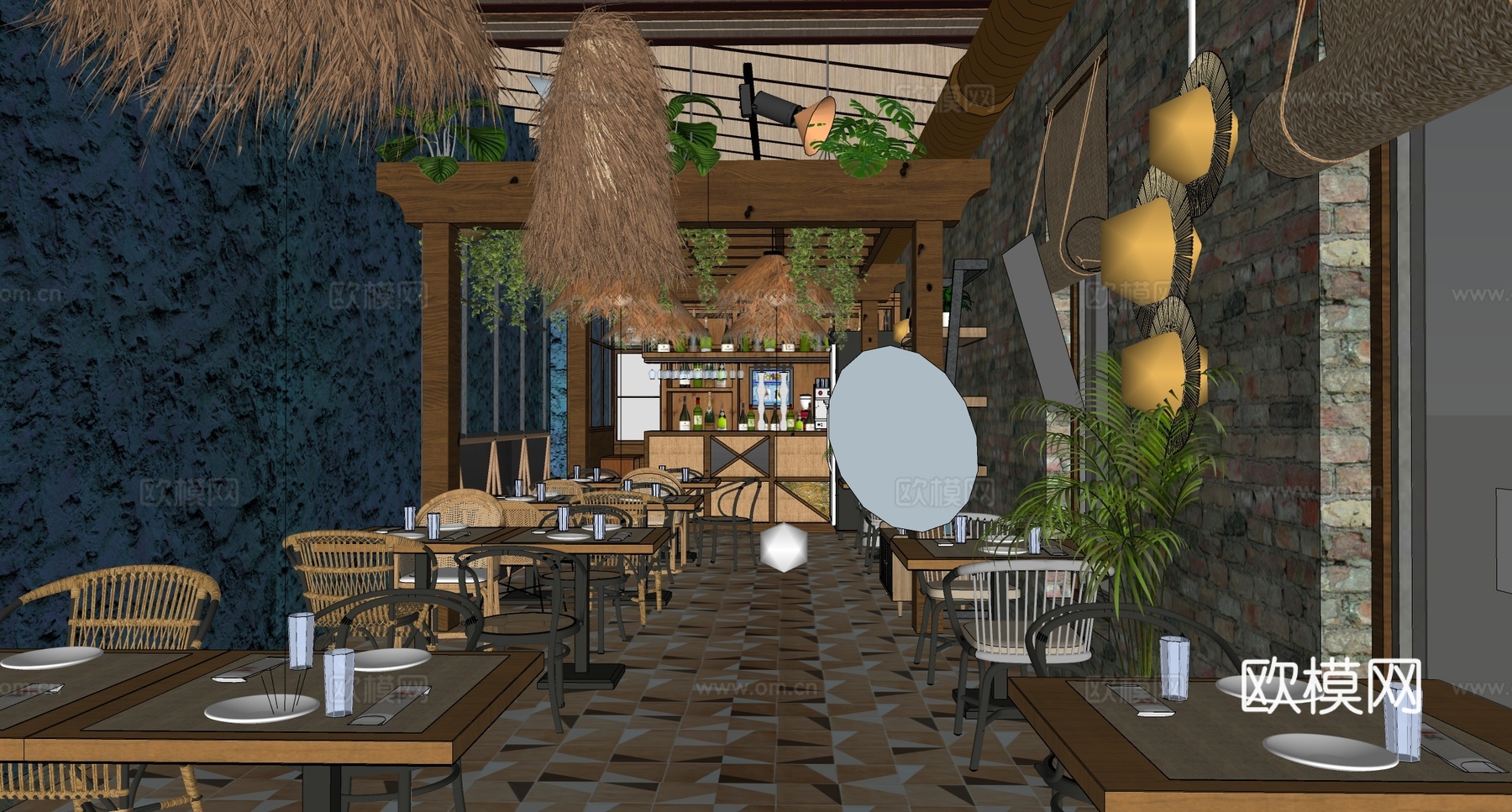 东南亚风格餐厅 餐桌椅组合su模型