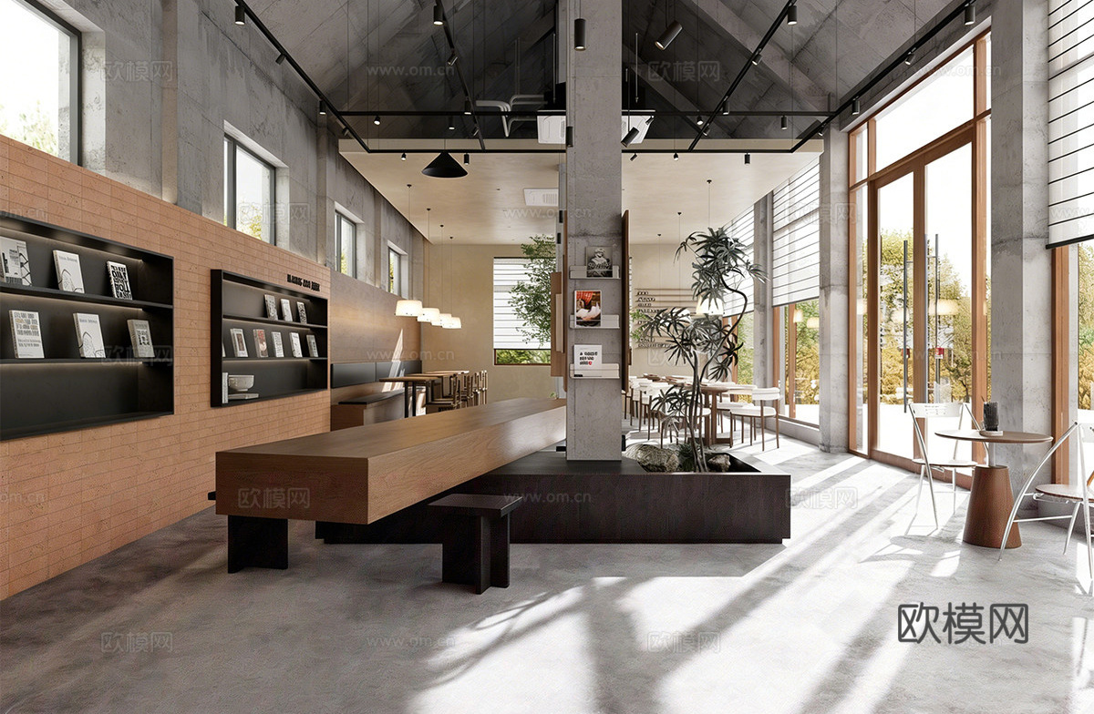 工业复古咖啡厅 奶茶店 咖啡吧台水吧台 咖啡桌椅组合 书吧su模型