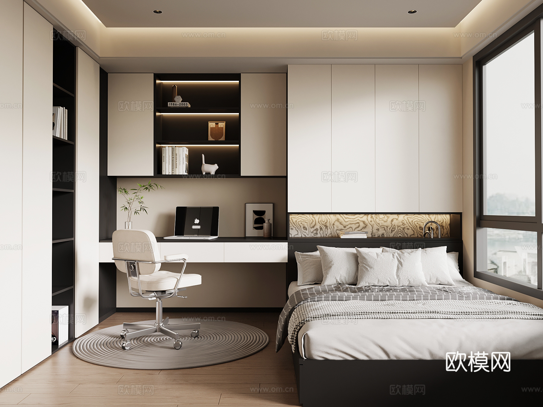 现代榻榻米卧室 黑白灰榻榻米卧室su模型