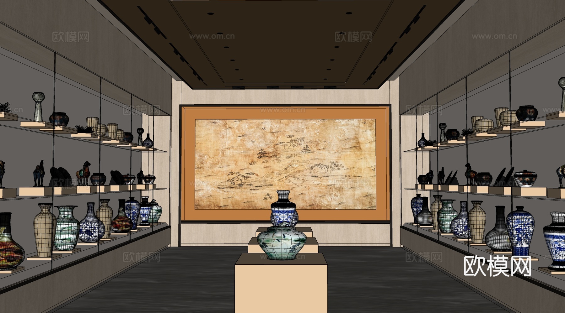 新中式瓷器博物馆 博物馆陈列展厅陶瓷收藏展览馆 考古教学su模型