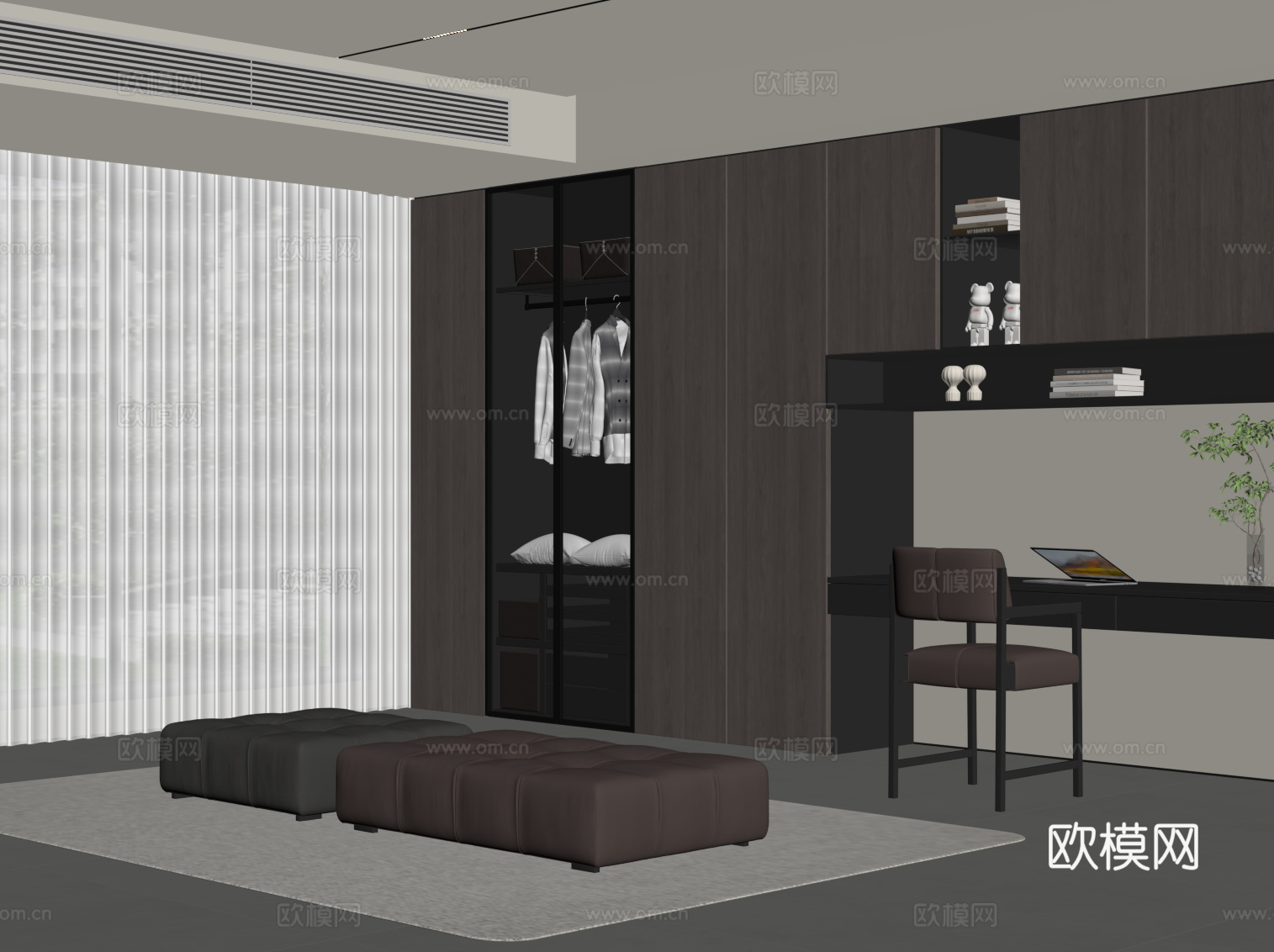 现代意式衣帽间 一体式衣柜 换鞋凳su模型