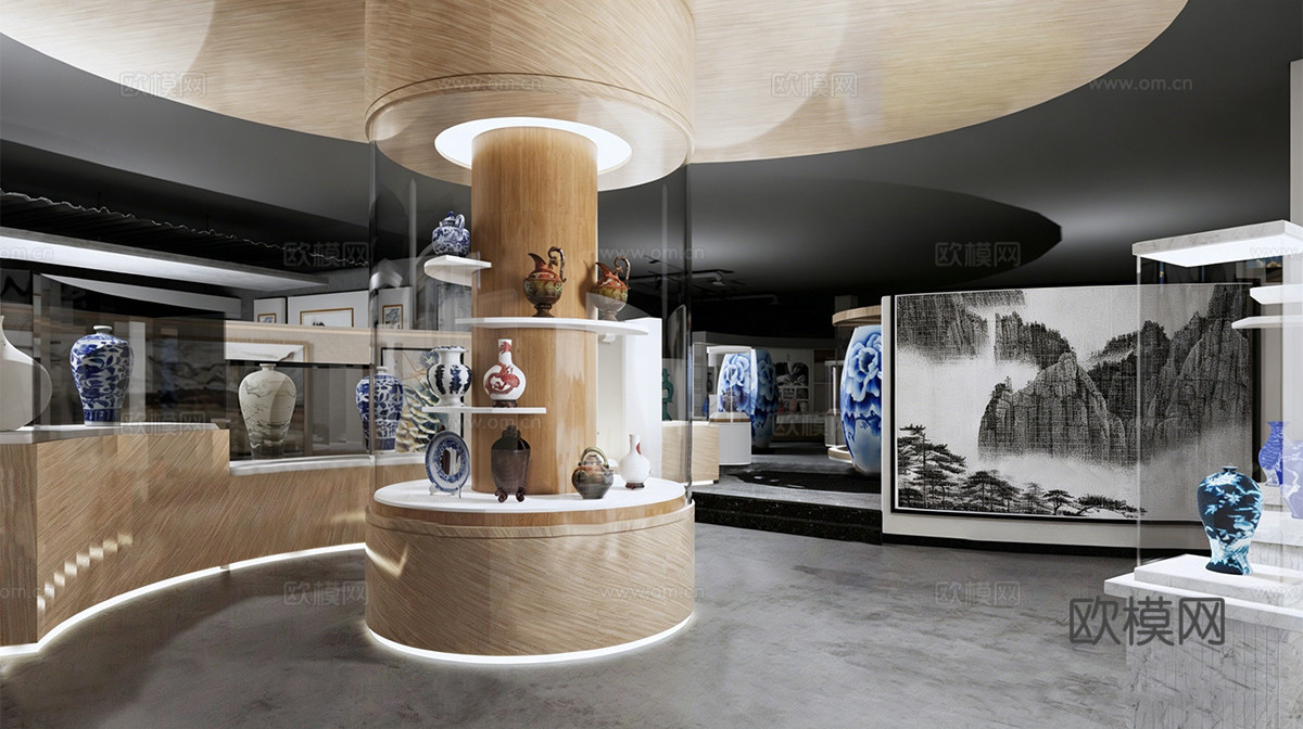 现代青花瓷博物馆 陶瓷博物馆 青花瓷陶瓷 花瓶柜台su模型