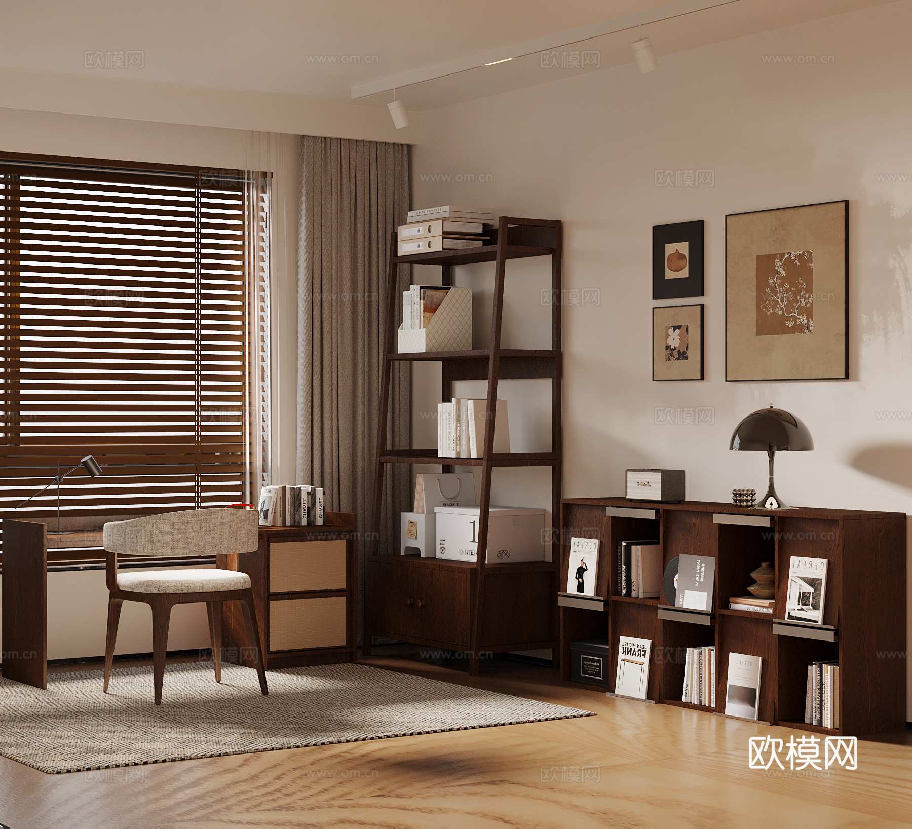 现代中古风书房 书柜 书桌椅su模型