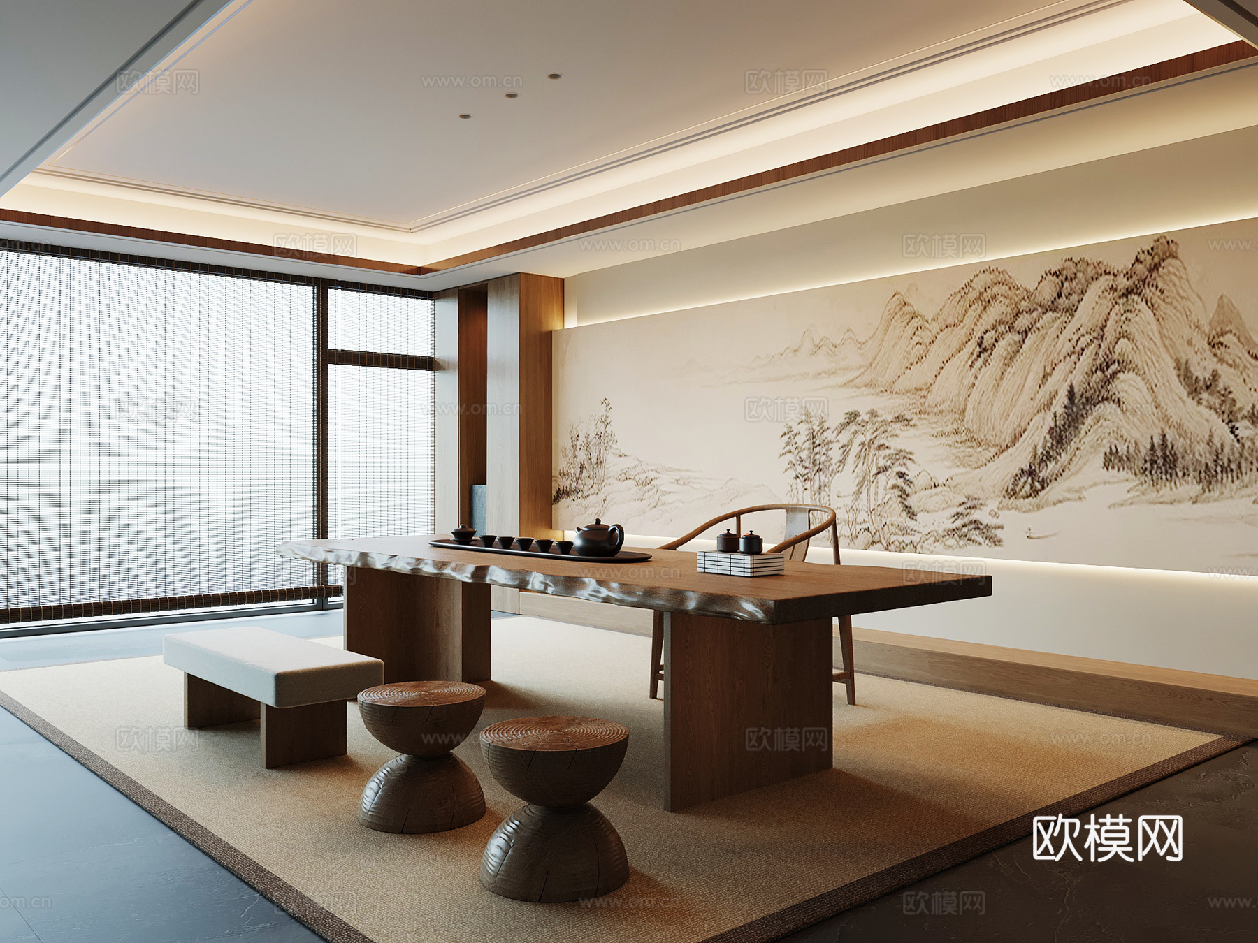 新中式茶室 茶桌椅su模型