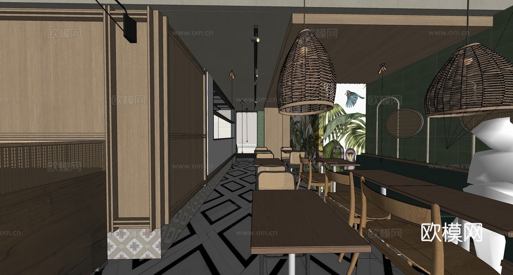 原木风风格餐厅 餐桌椅组合 快餐店 面馆小吃店su模型