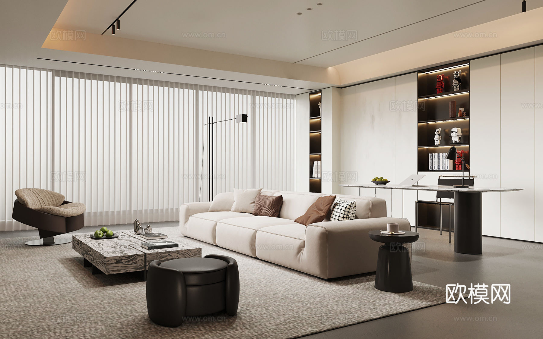 现代意式客厅 沙发茶几组合 书柜 书桌椅su模型