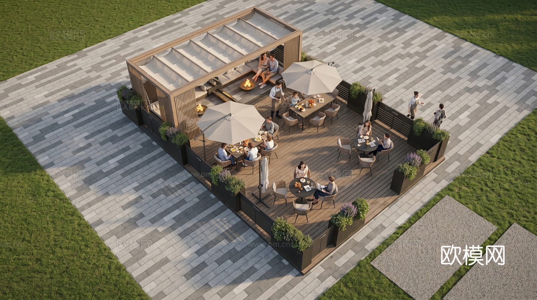 户外休闲区  花箱   现代亭子  露台花园su模型