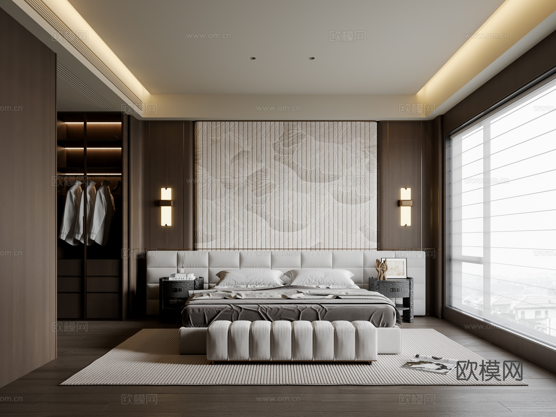 现代意式卧室 布艺双人床 床头柜 壁灯 地毯3d模型