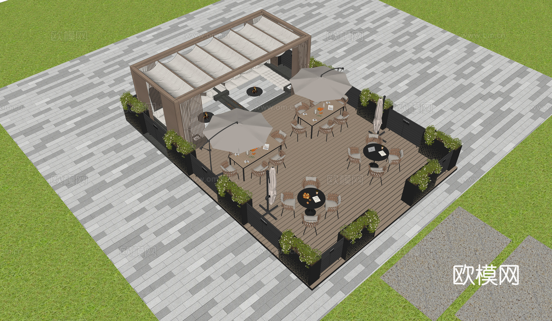 户外休闲区  花箱   现代亭子  露台花园su模型