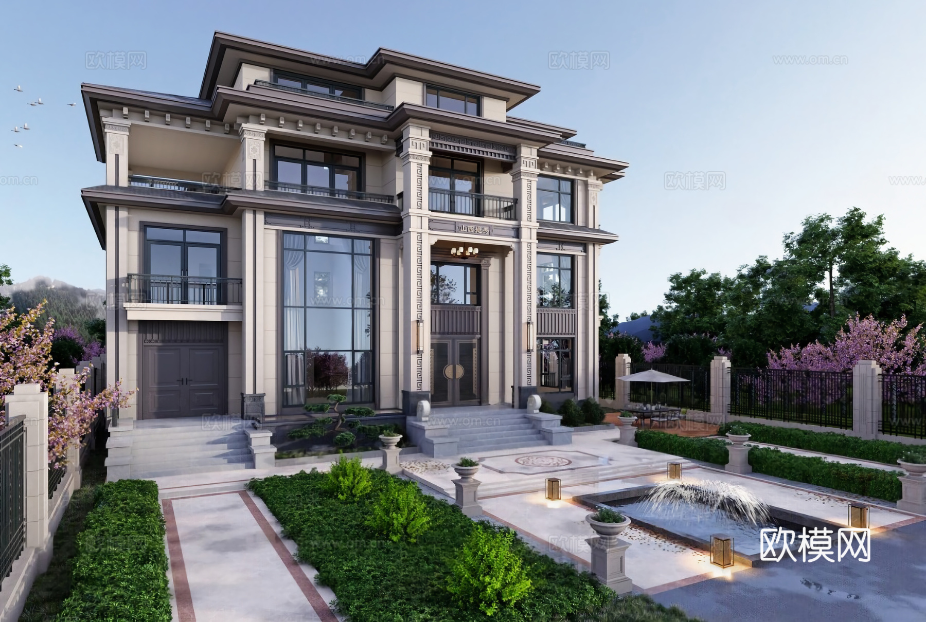 新中式独栋别墅 庭院 自建房 建筑立面su模型