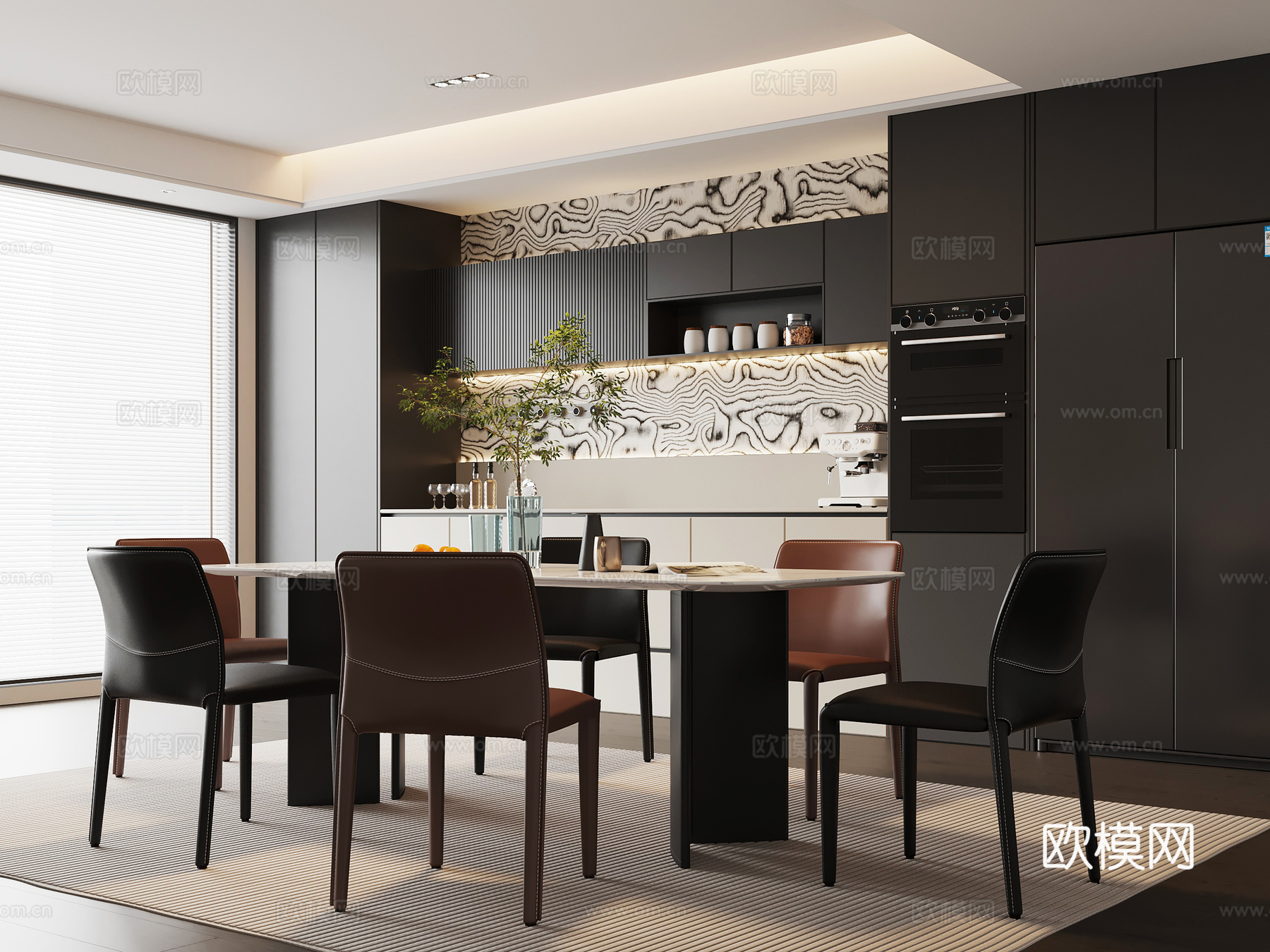 现代意式餐厅 餐桌椅 餐边柜su模型