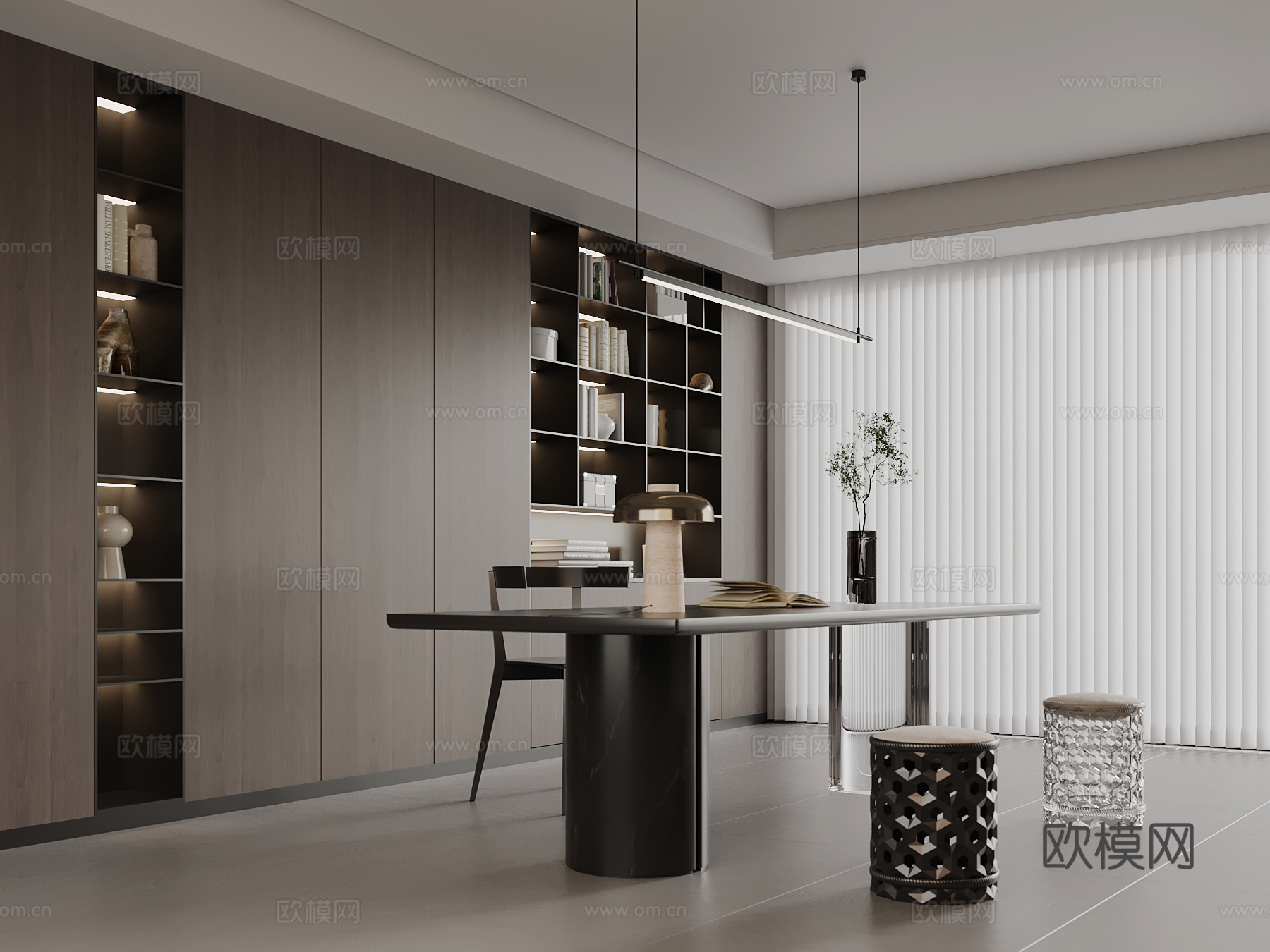 现代意式书桌椅 极简书柜 置物柜 书桌椅su模型