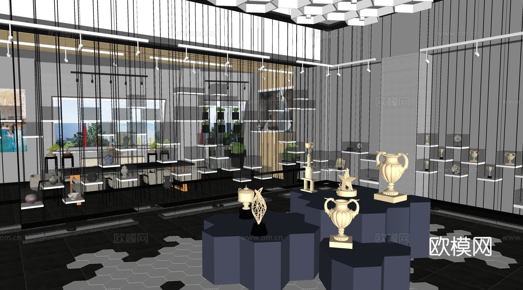 现代陶瓷展厅 文化艺术博物馆 奖杯展厅su模型