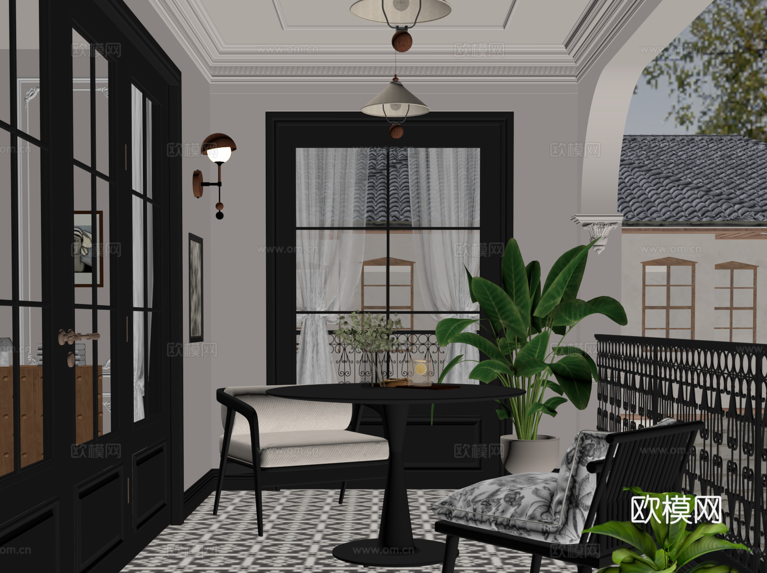 法式中古风阳台 休闲桌椅su模型