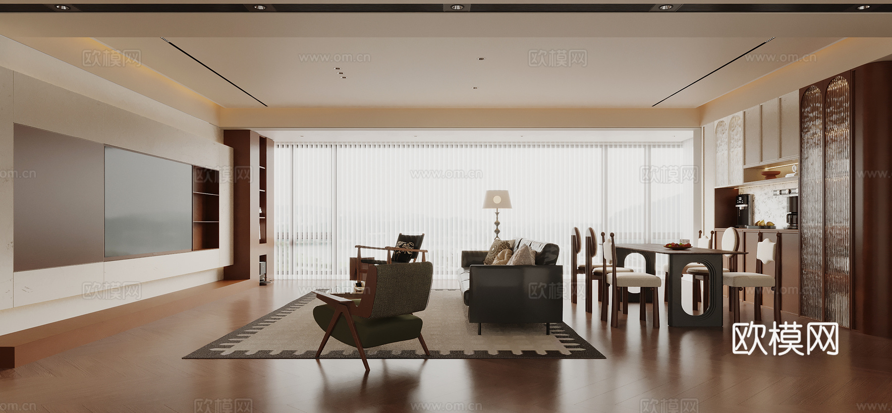 中古风客餐厅 餐桌椅 电视背景墙 酒柜su模型