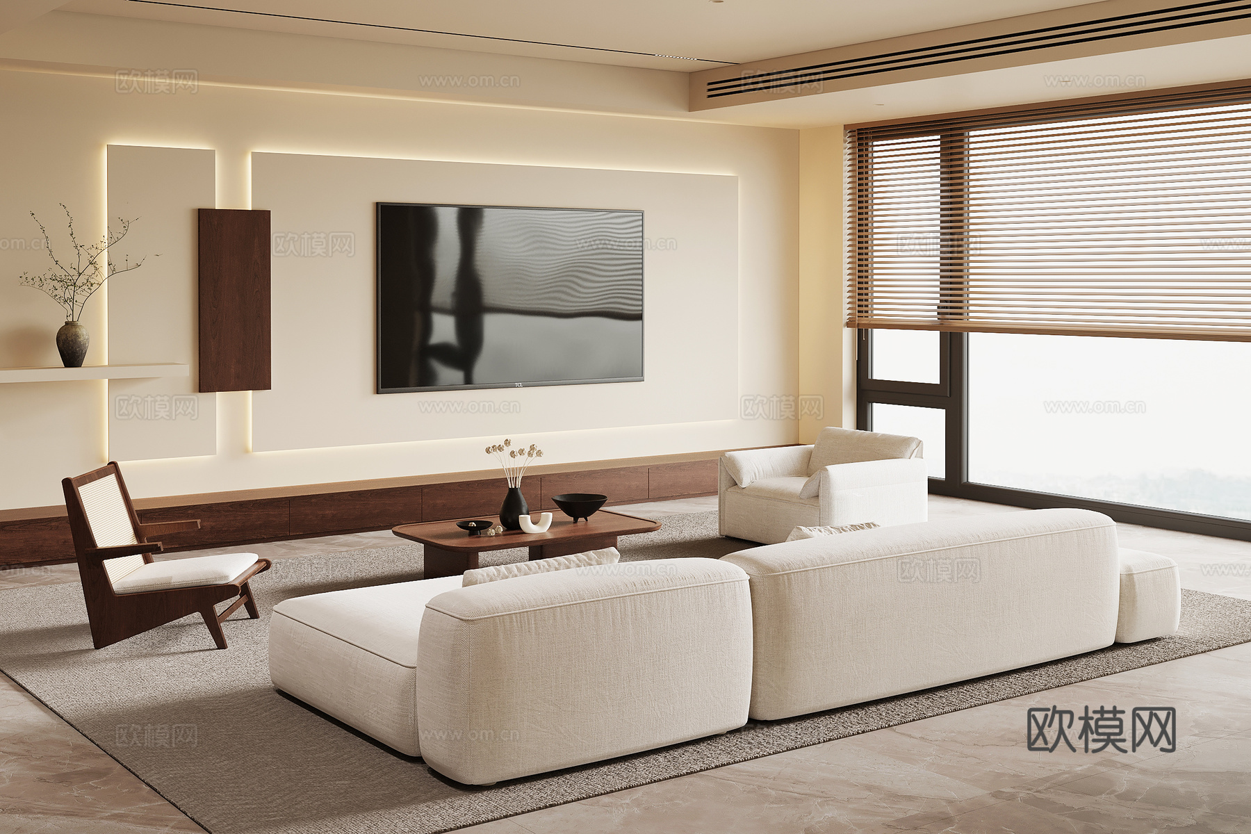中古风客厅 沙发茶几组合 电视背景墙su模型
