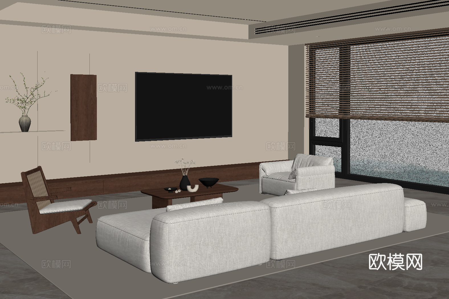 中古风客厅 沙发茶几组合 电视背景墙su模型