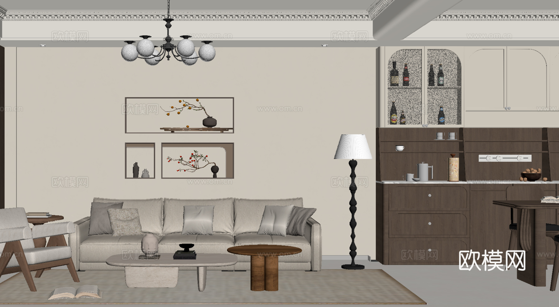 中古风客餐厅 小茶台 酒柜 沙发茶几组合 餐桌椅su模型