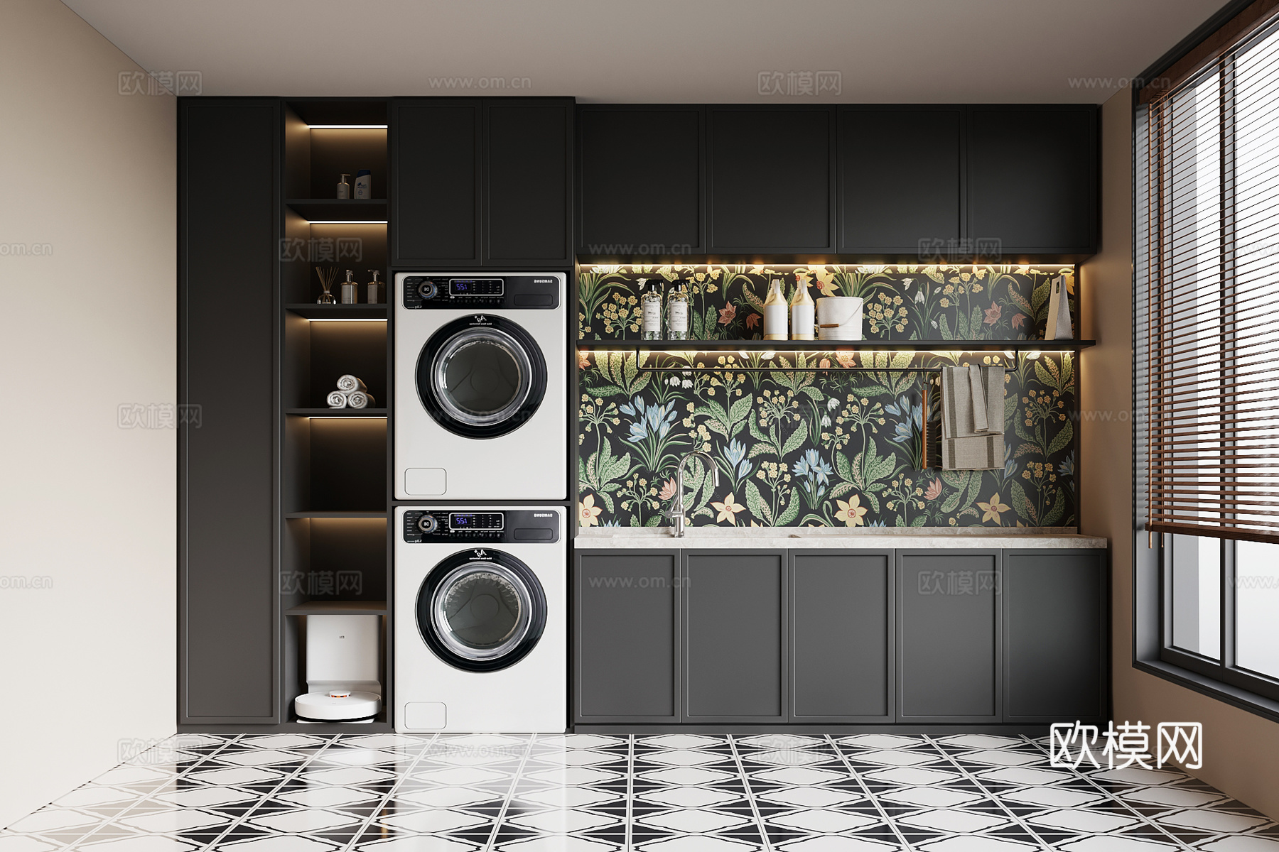 法式复古洗衣房 法式洗衣机柜 晾衣架su模型
