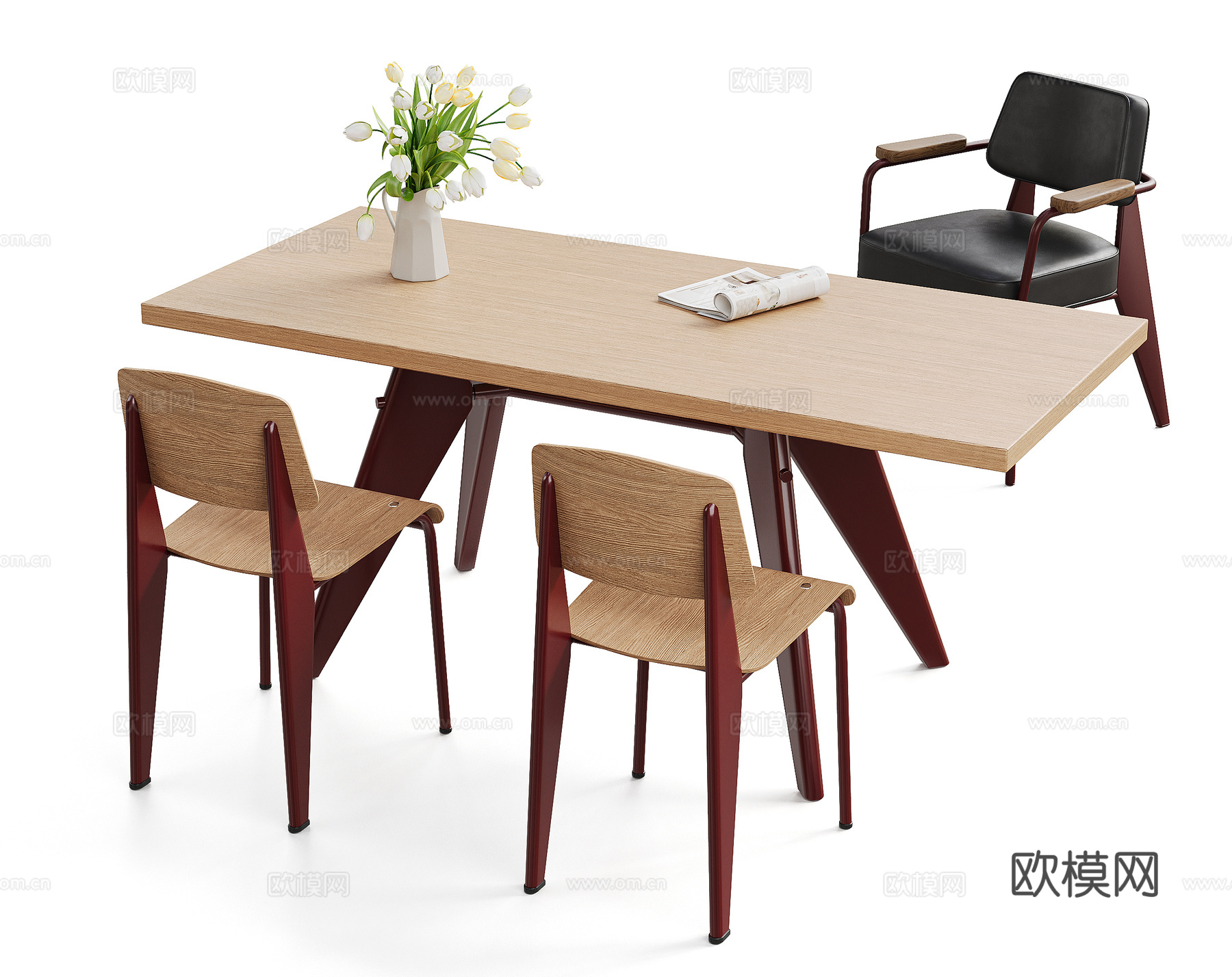 VITRA 现代北欧 餐桌椅 办公桌 茶桌 ‌勃艮第红餐桌椅su模型
