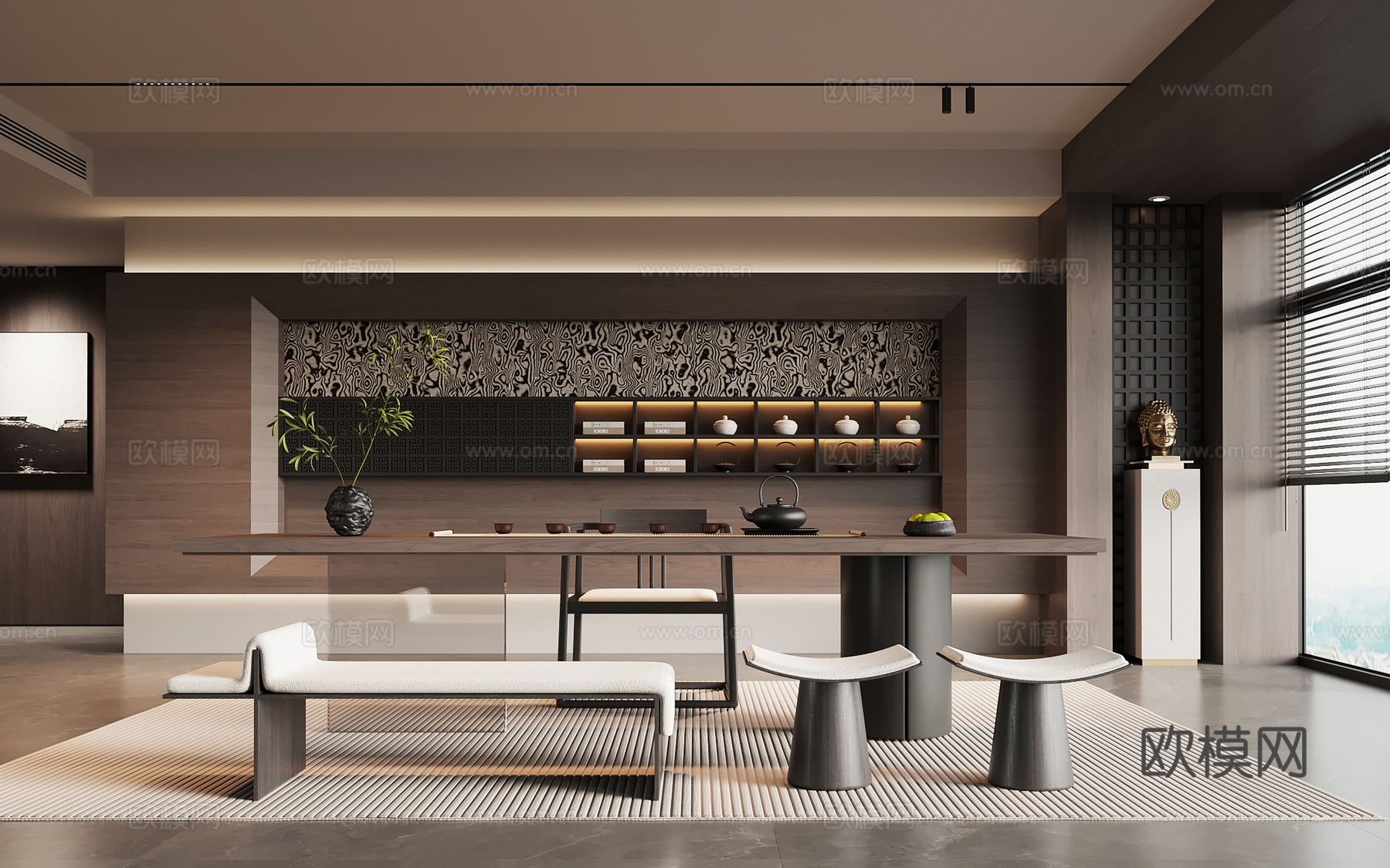 现代意式茶室 茶桌椅 茶室背景墙su模型