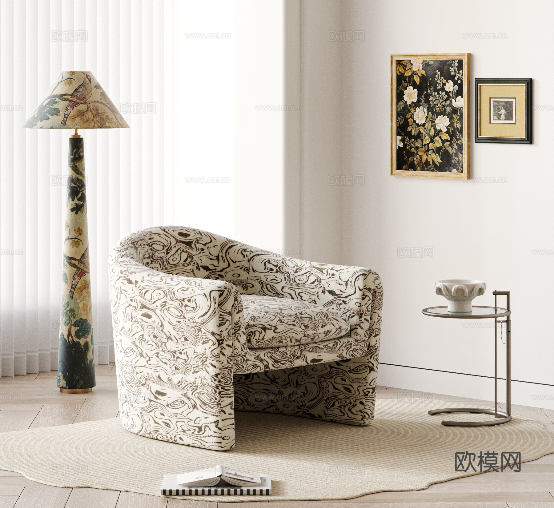 CASSINA 中古风单人沙发 休闲椅 沙发椅 边几 落地灯su模型