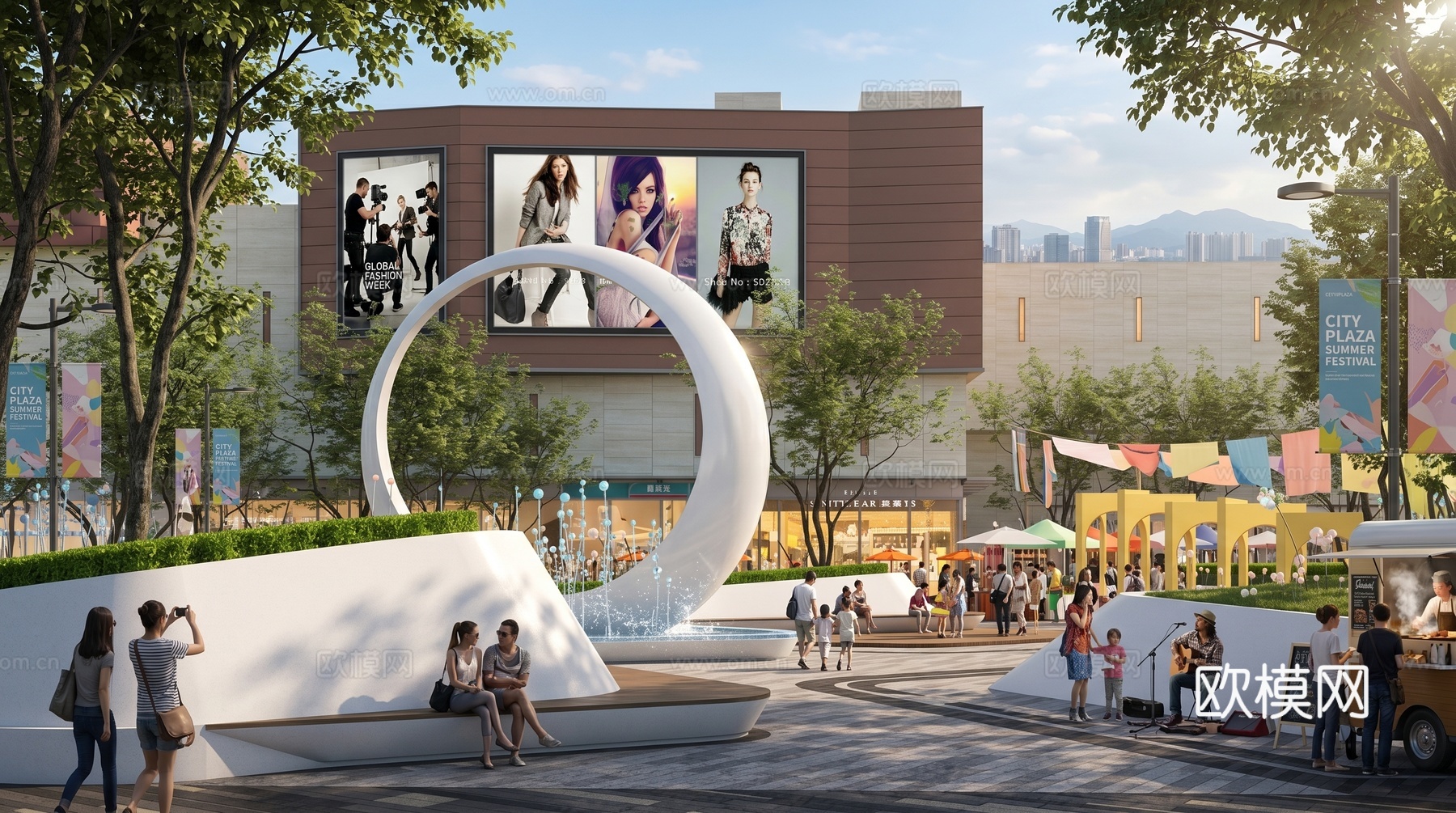 商业综合体  步行街  旱喷  雕塑su模型