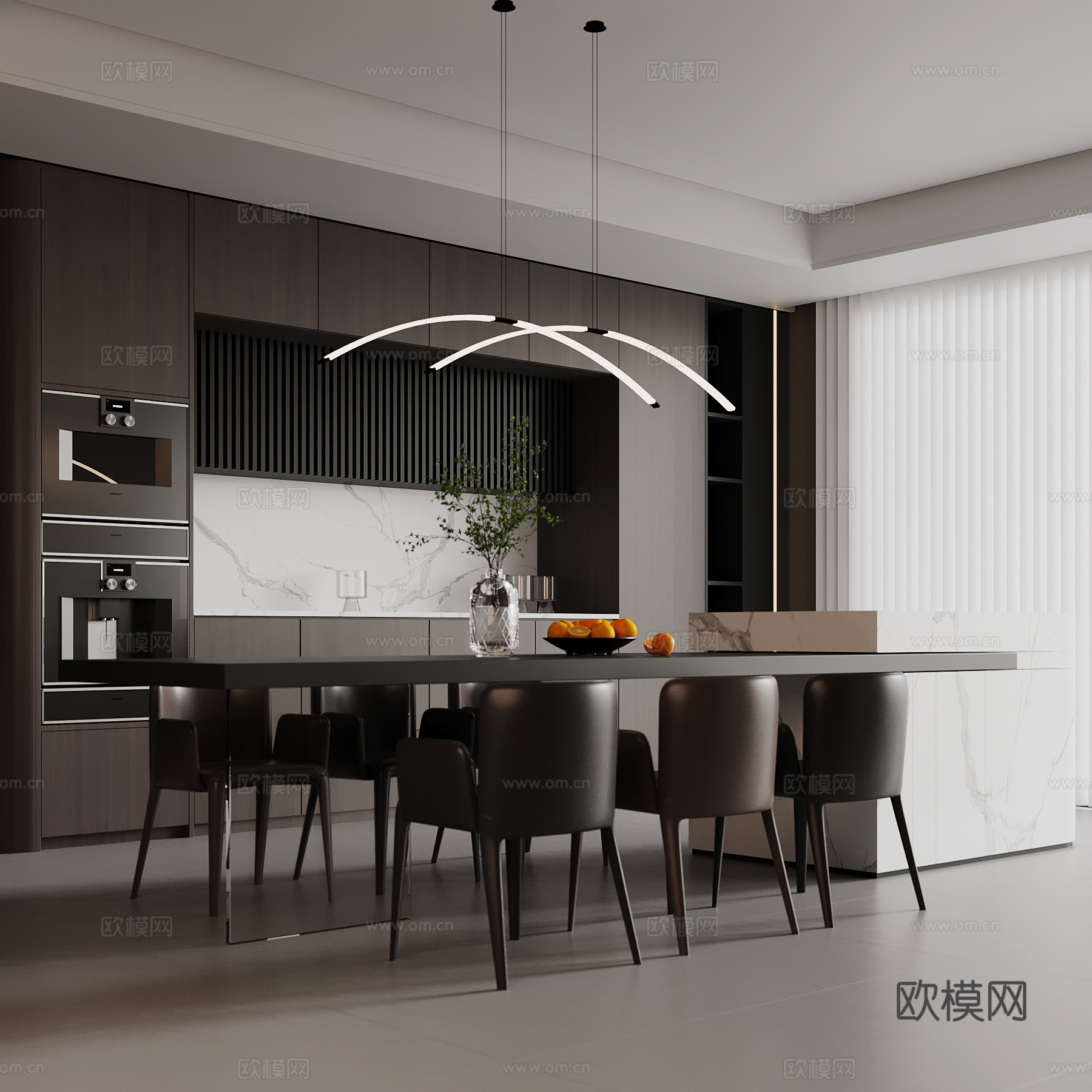 现代意式餐厅 餐桌椅 酒柜su模型