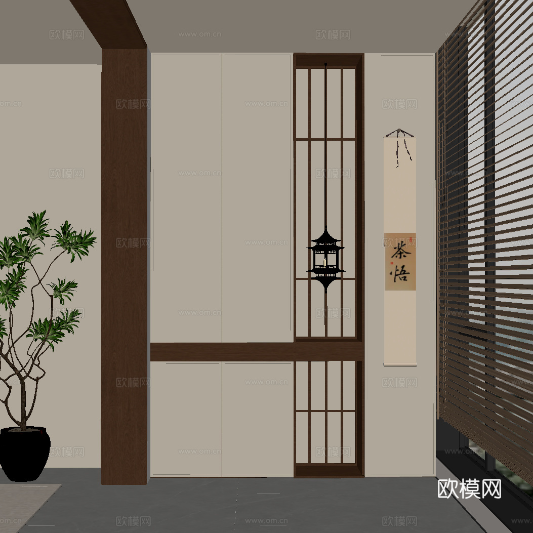 新中式阳台 阳台柜 玄关柜su模型